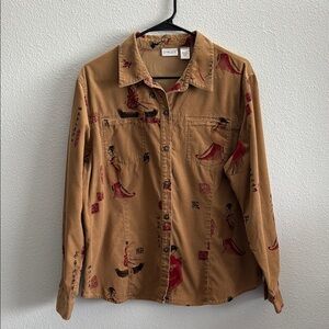 Chico’s Caramel Brown Corduroy Asian Print Geisha Button-down Top Size 2